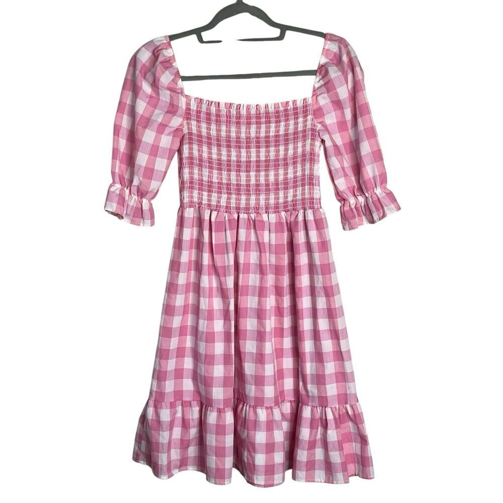If She Loves Dress S Babydoll Coquette Puff Sleeve Smocked Pink White Check